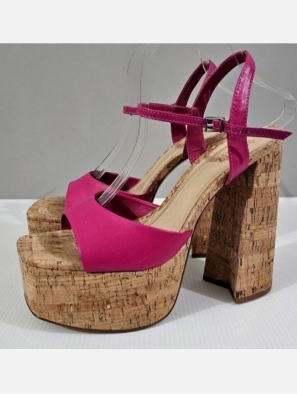 Schutz Glayce Platform Cork Block Heel Sandal Womens 9.5 Hot Pink Leather Chunky